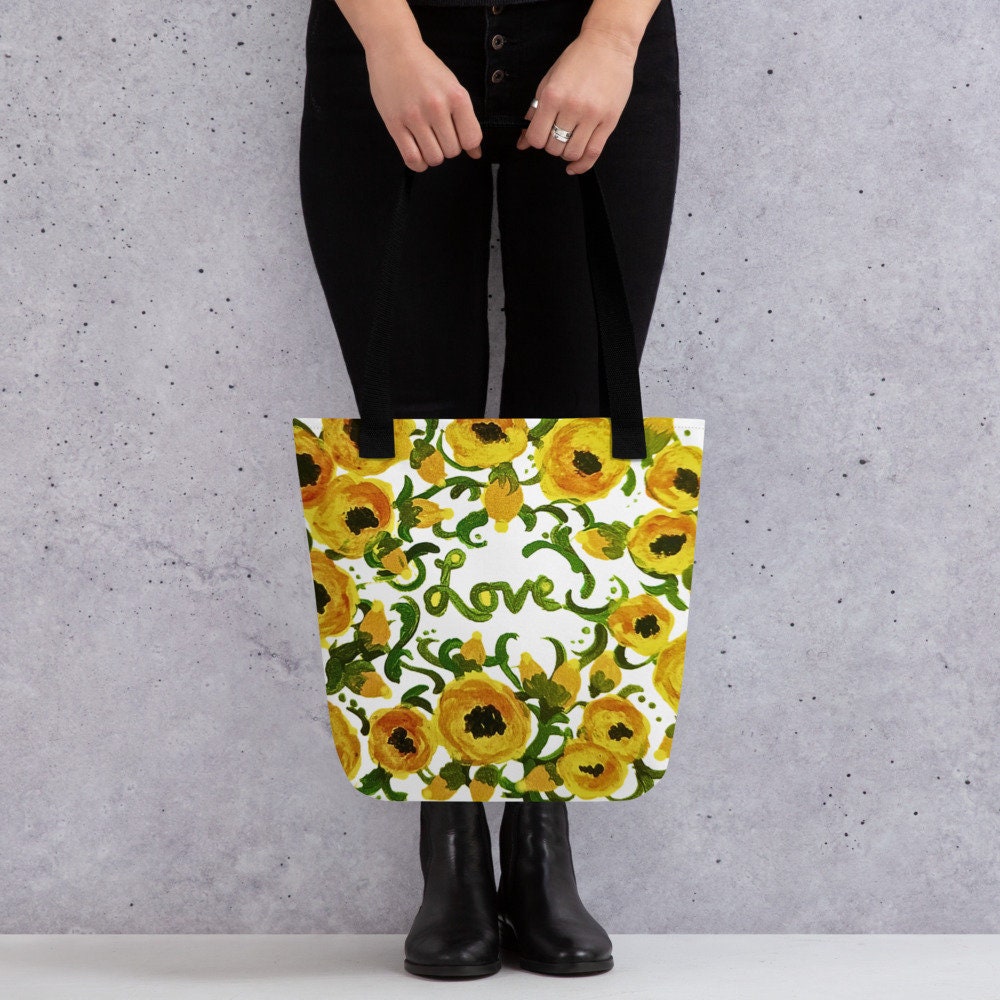 Yellow floral love reusable tote bag,beach tote bag,nurse tote bag,farmers market bag,carry all,wildflower tote bag,nature lover gift