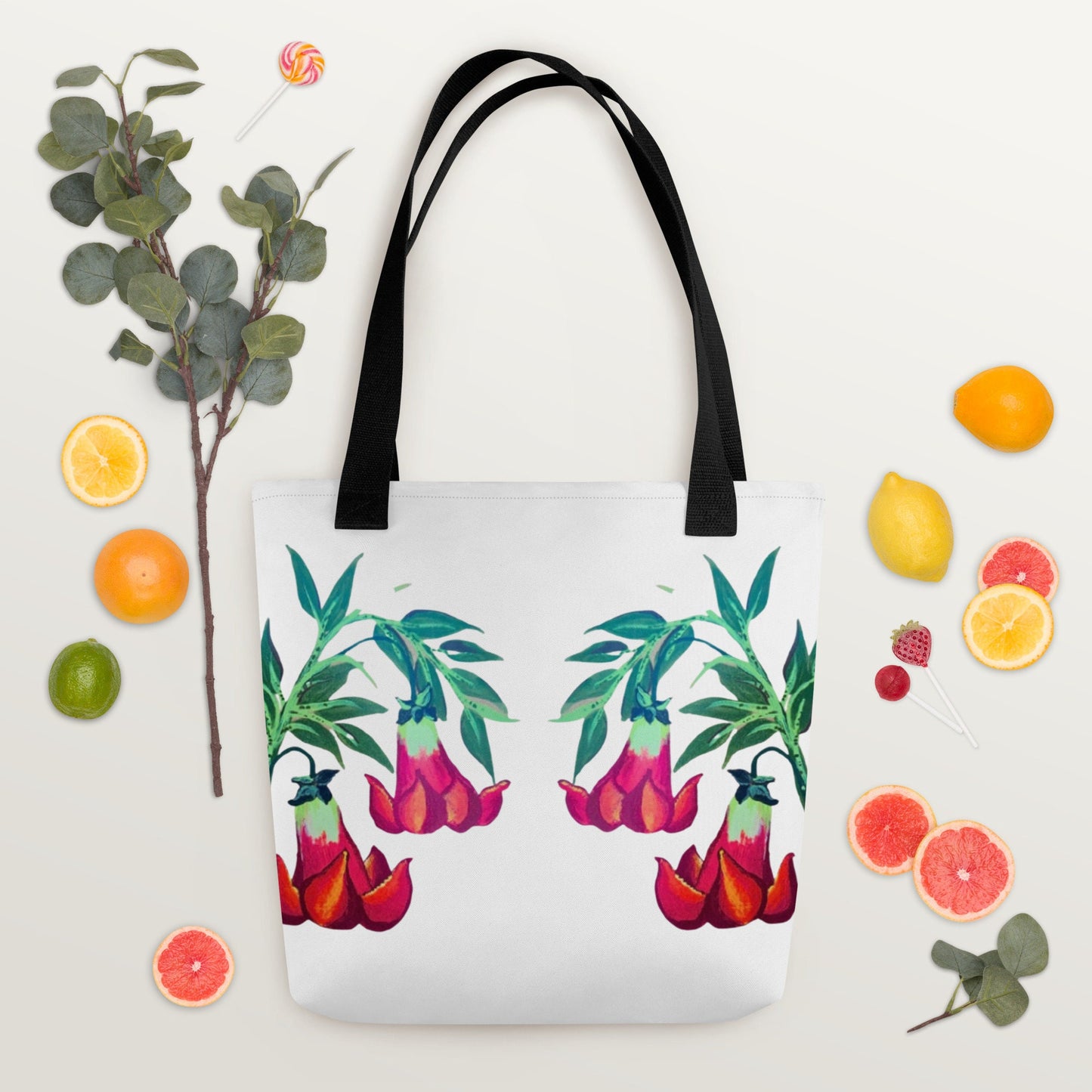 Floral trumpet reusable tote bag,beach tote bag,nurse tote bag,farmers market bag,carry all,nature lover gift,wildflower tote bag,floral bag