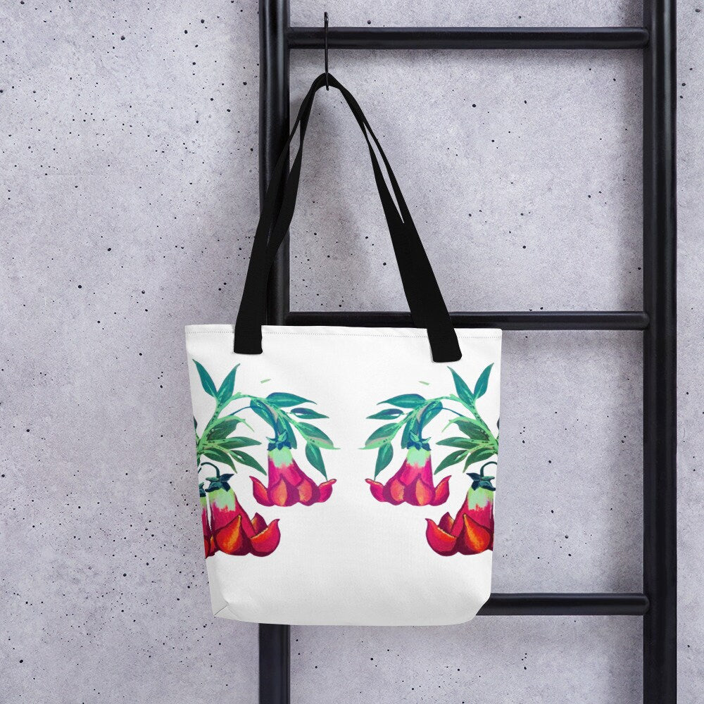 Floral trumpet reusable tote bag,beach tote bag,nurse tote bag,farmers market bag,carry all,nature lover gift,wildflower tote bag,floral bag