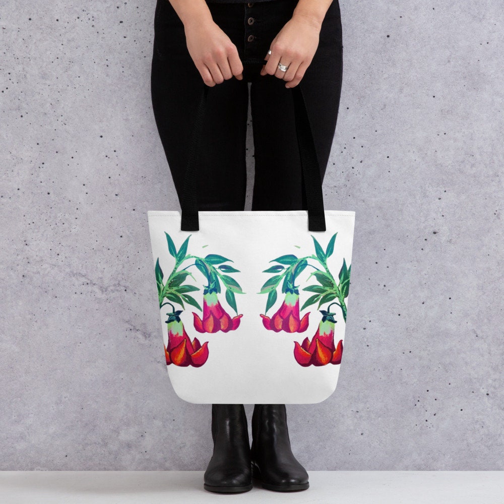 Floral trumpet reusable tote bag,beach tote bag,nurse tote bag,farmers market bag,carry all,nature lover gift,wildflower tote bag,floral bag