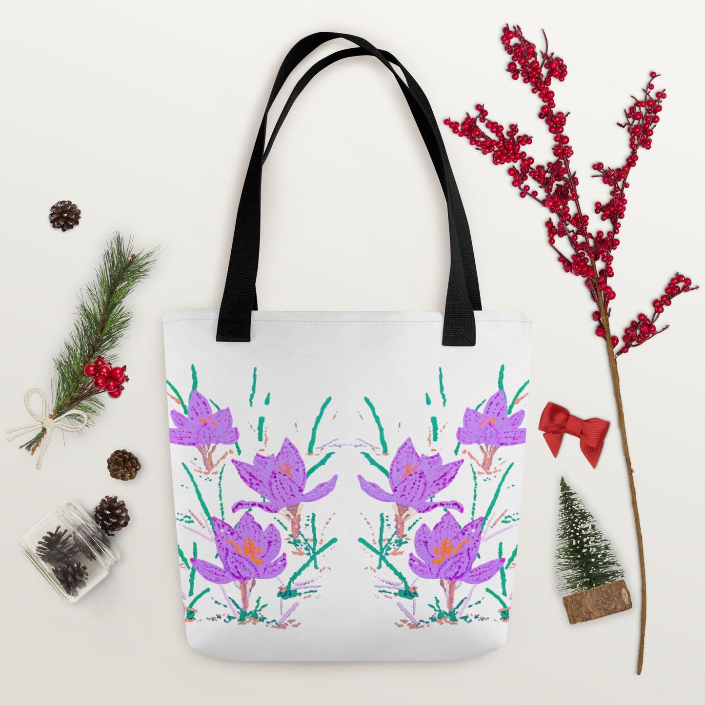Crocus flower reusable tote bag,beach tote bag,nurse tote bag,carry all,farmers market bag,wildflower tote bag,daycare bag,nature lover gift