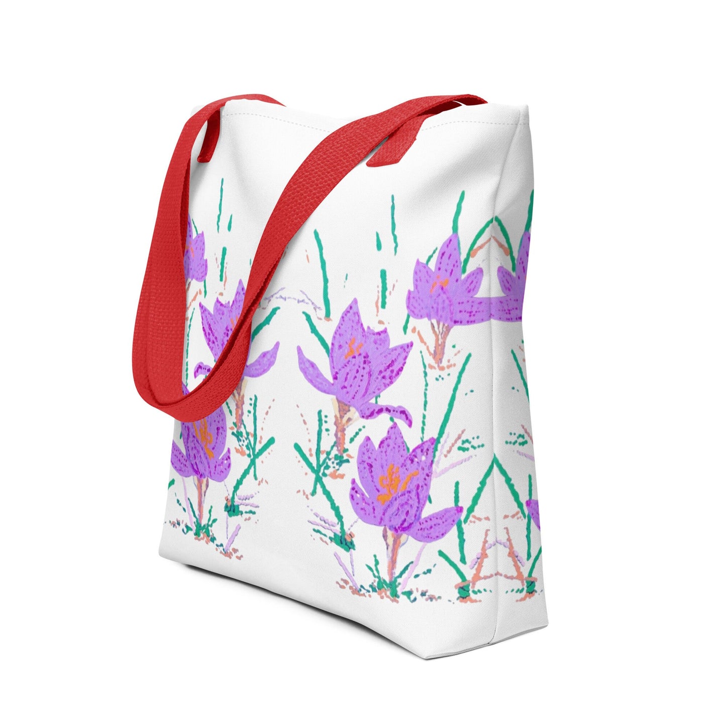 Crocus flower reusable tote bag,beach tote bag,nurse tote bag,carry all,farmers market bag,wildflower tote bag,daycare bag,nature lover gift