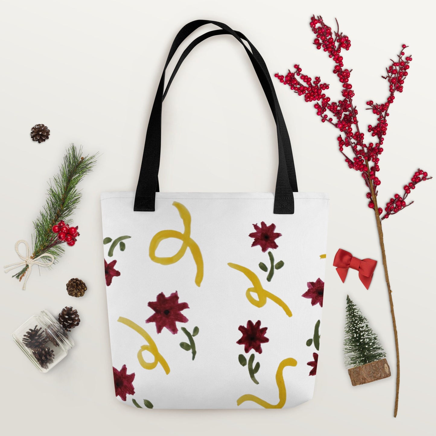 Red and yellow floral print tote bag,beach tote bag,nurse tote bag,farmers market bag,carry all,unique tote bag,minimalist tote bag,work bag