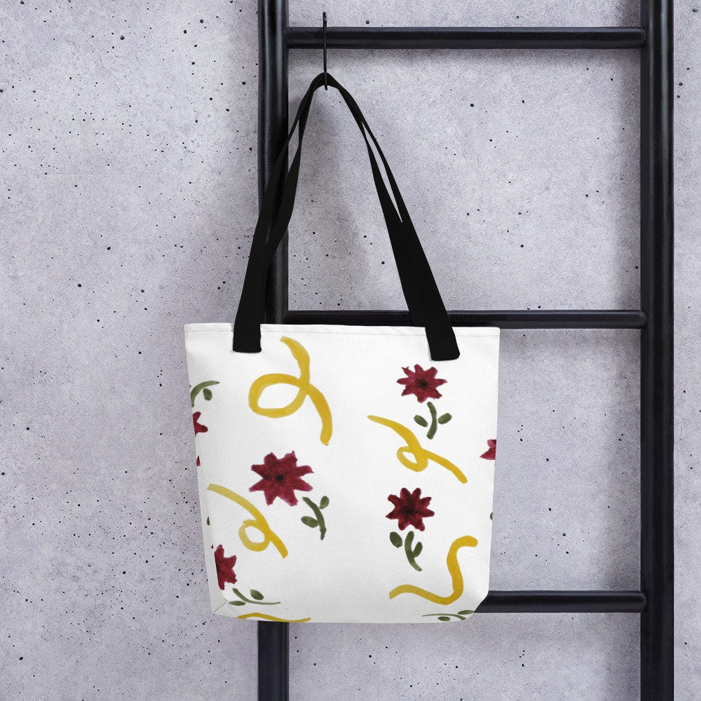 Red and yellow floral print tote bag,beach tote bag,nurse tote bag,farmers market bag,carry all,unique tote bag,minimalist tote bag,work bag