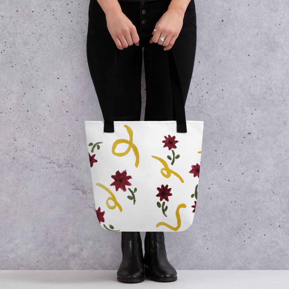 Red and yellow floral print tote bag,beach tote bag,nurse tote bag,farmers market bag,carry all,unique tote bag,minimalist tote bag,work bag