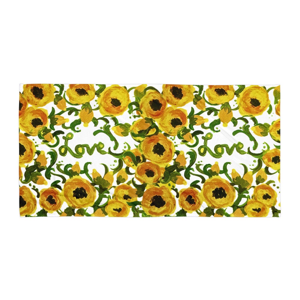 Yellow love beach towel,floral decor,bathroom towel,hanging towel,guest towel,botanical towel,baby towel,gym towel,printed towel,fall towel