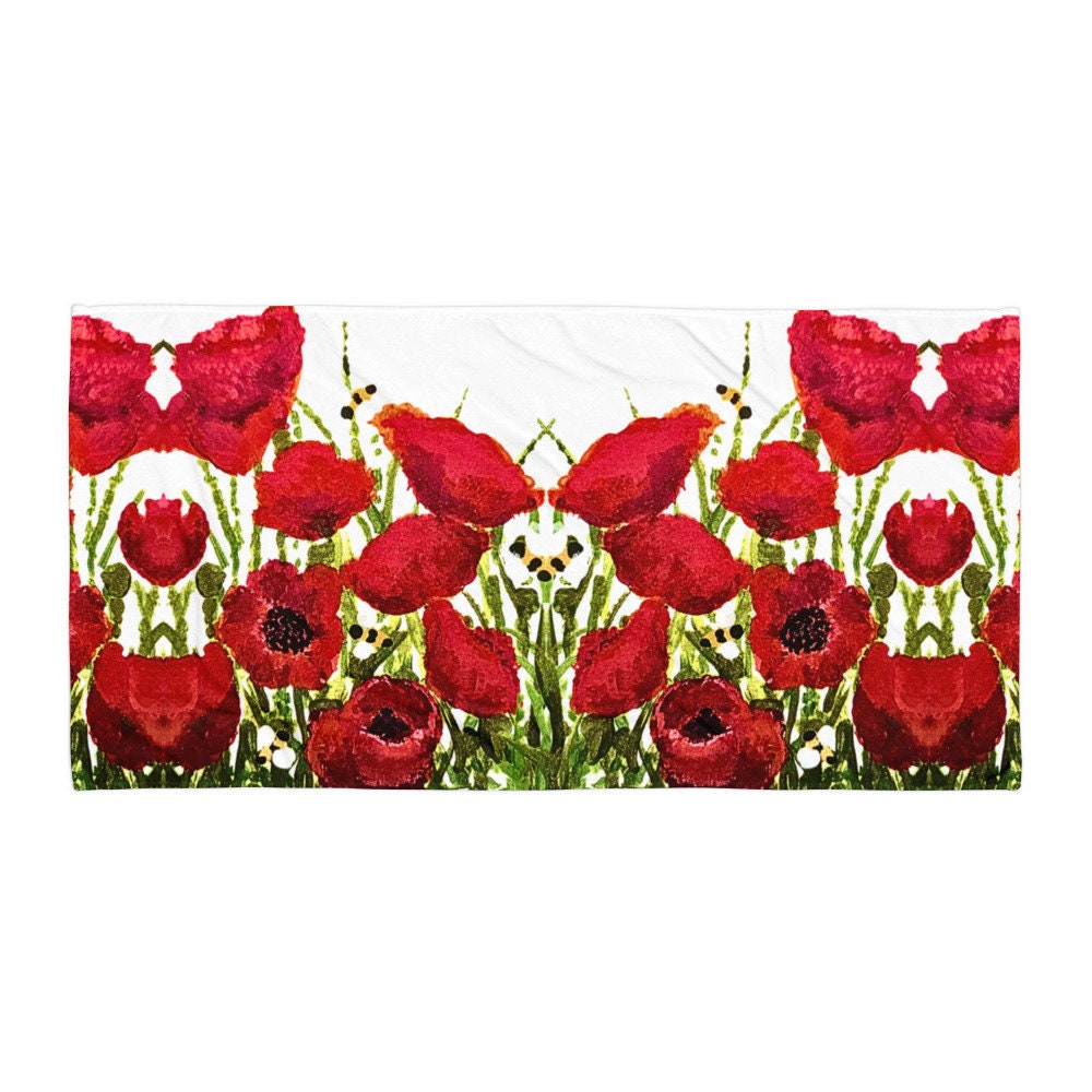 Red poppies beach towel,floral decor,botanical towels,bathroom towel,guest towel,pool towel,vacation towel,housewares,floral towels