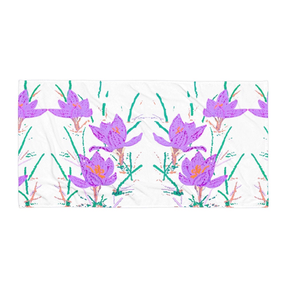 Crocus flower beach towel,botanical towels,floral decor,housewares,kids bath towel,pool towel,vacation towel,vintage towel,bath towels