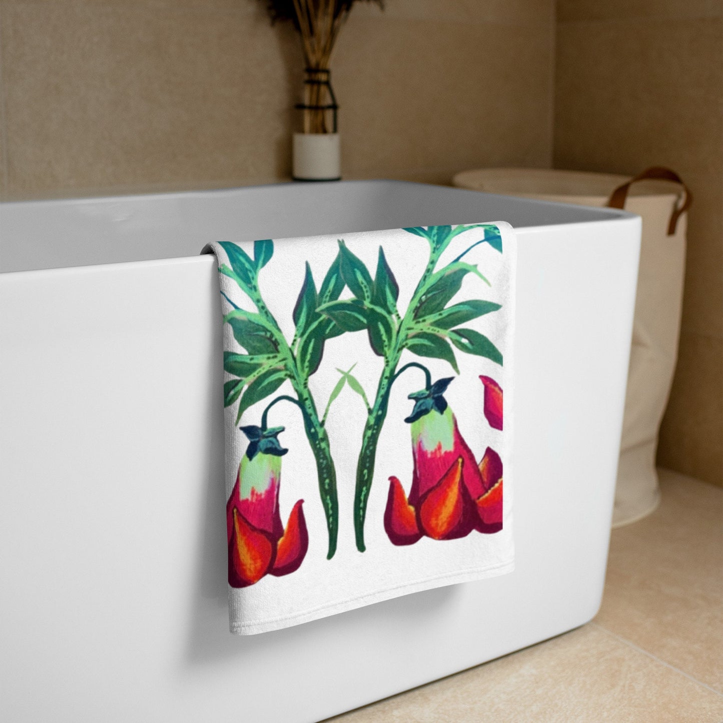 Trumpet floral towel,bath towel,botanical towel,housewares,decor,pool towel,guest towel,beach towels,kids bath towel,gym towel,vintage towel