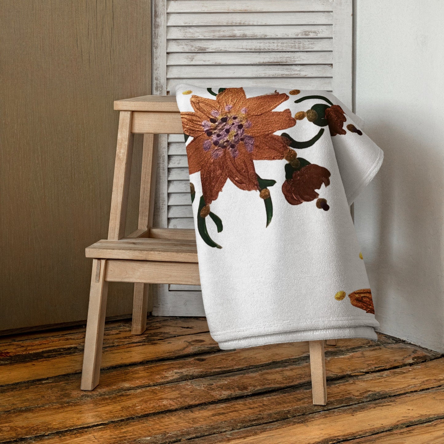 Gold floral towel,fall towels,botanical towels,kids bath towels,housewares,decor,pool towel,beach towels,gym towels,vacation towels