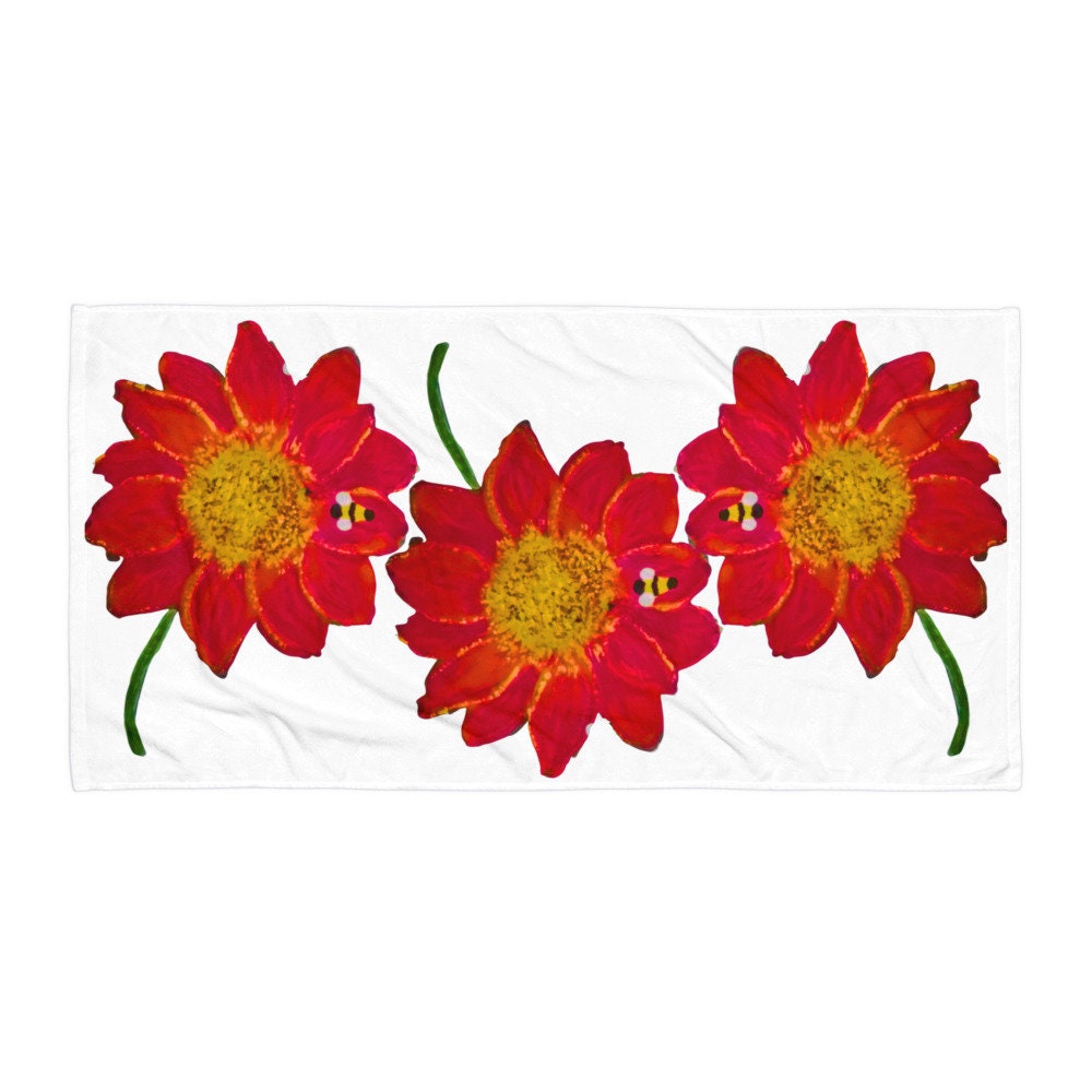 Red floral towel,fall towels,botanical towels,housewares,decor,beach towels,kids bath towels,guest towels,gym towels,nature lovers gift