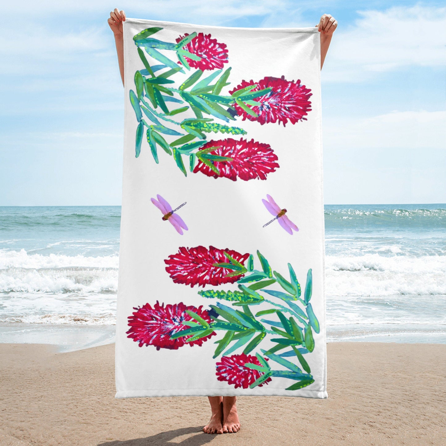 Weeping bottle brush floral bath towel,fall towel,beach towels,housewares,decor,botanical towels,guest towels,kids bath towels,gym towels