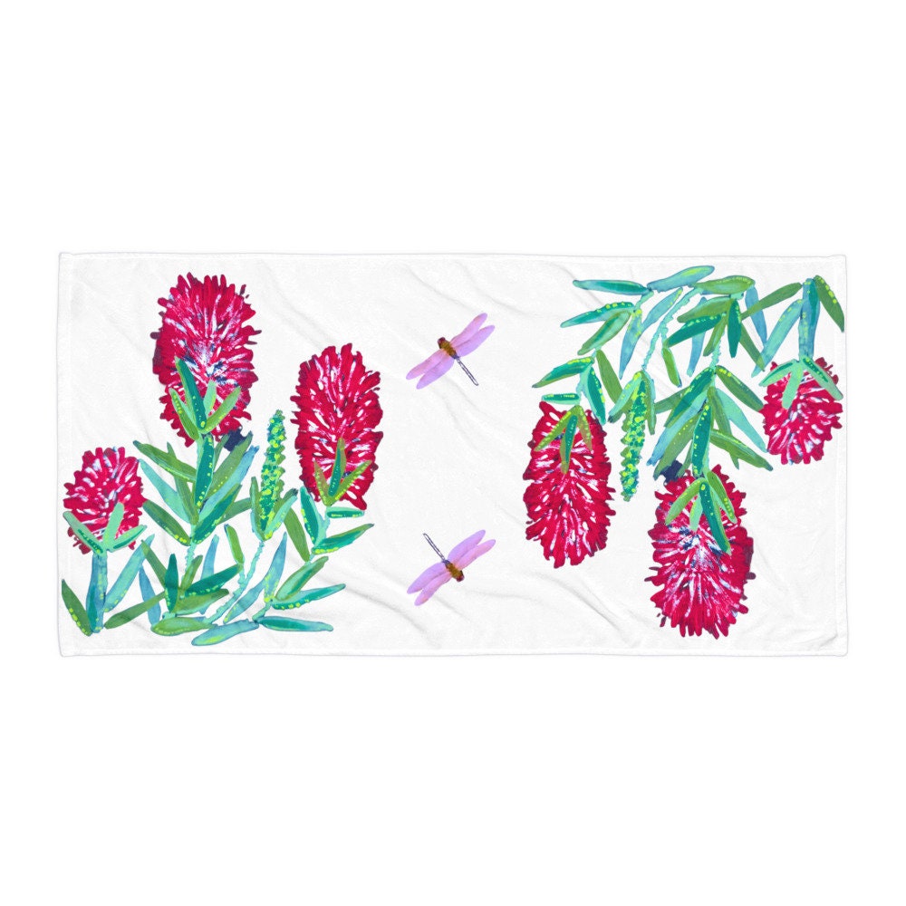 Weeping bottle brush floral bath towel,fall towel,beach towels,housewares,decor,botanical towels,guest towels,kids bath towels,gym towels