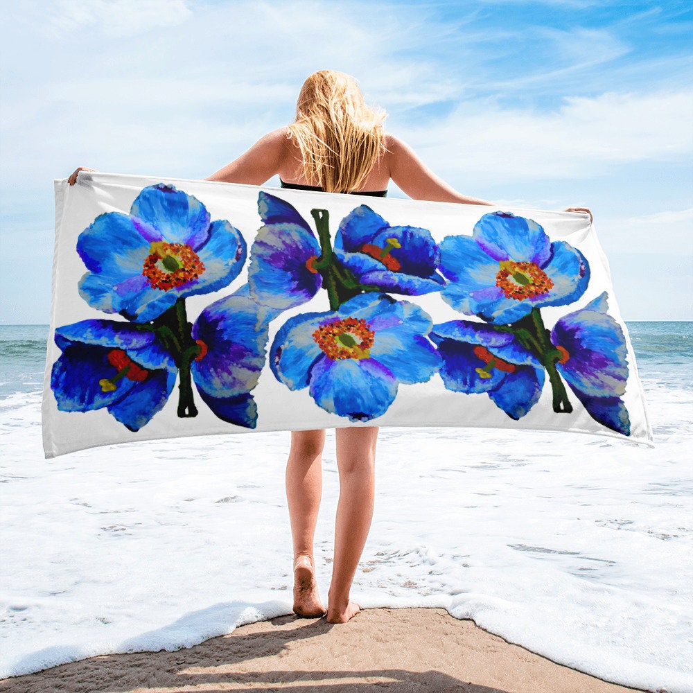 Brilliant blue floral bath towel,fall towels,housewares,decor,beach towels,kids bath towels,guest towels,botanical towels,nature lovers gift