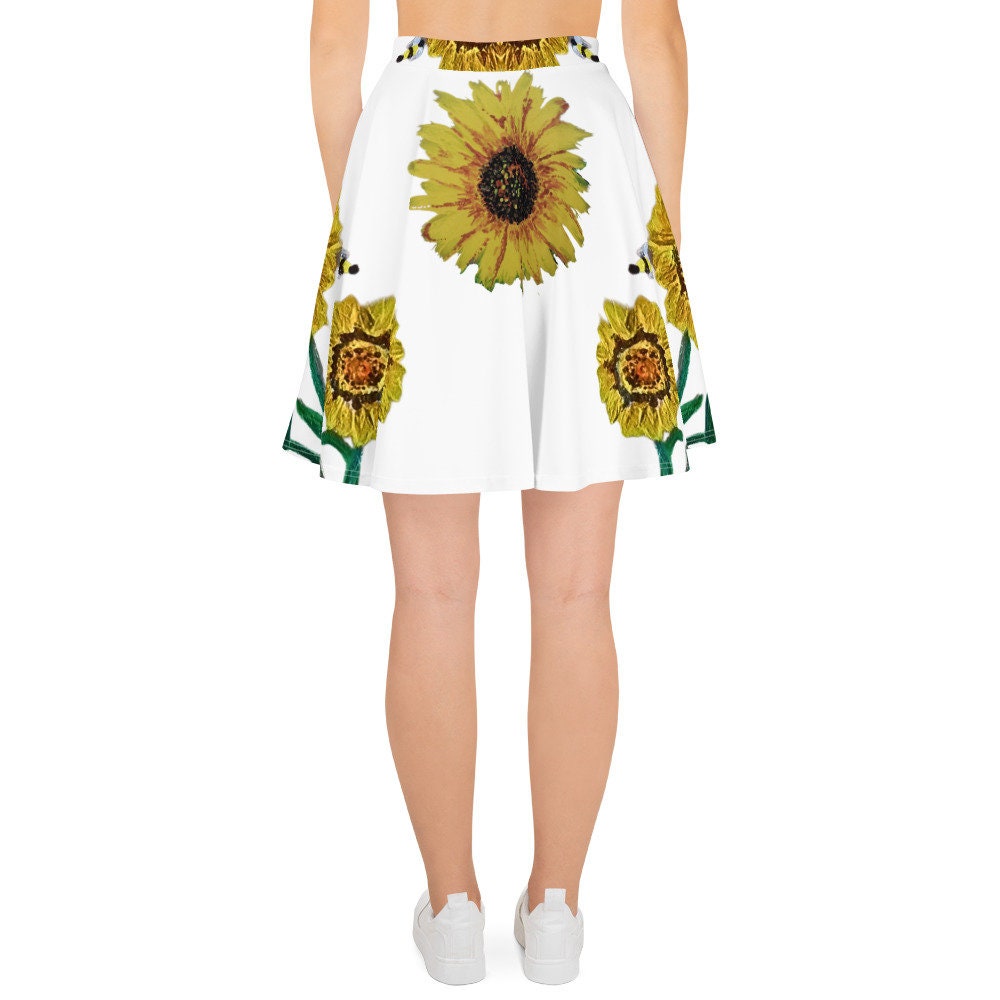 Sunflower Skirt,elastic waist,knee length,floral skirt,pleated skirt,office skirt,plus size,vintage skirt