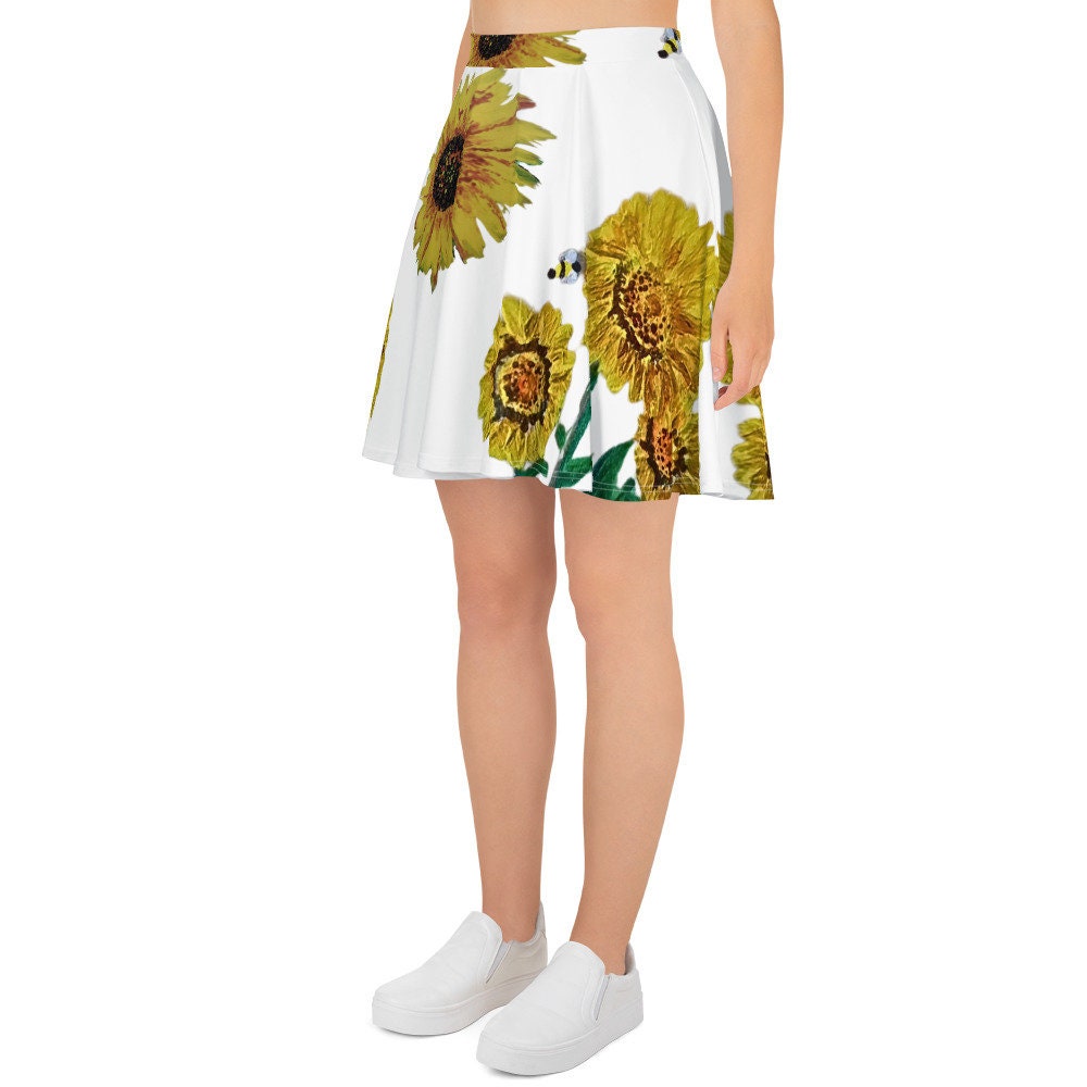 Sunflower Skirt,elastic waist,knee length,floral skirt,pleated skirt,office skirt,plus size,vintage skirt