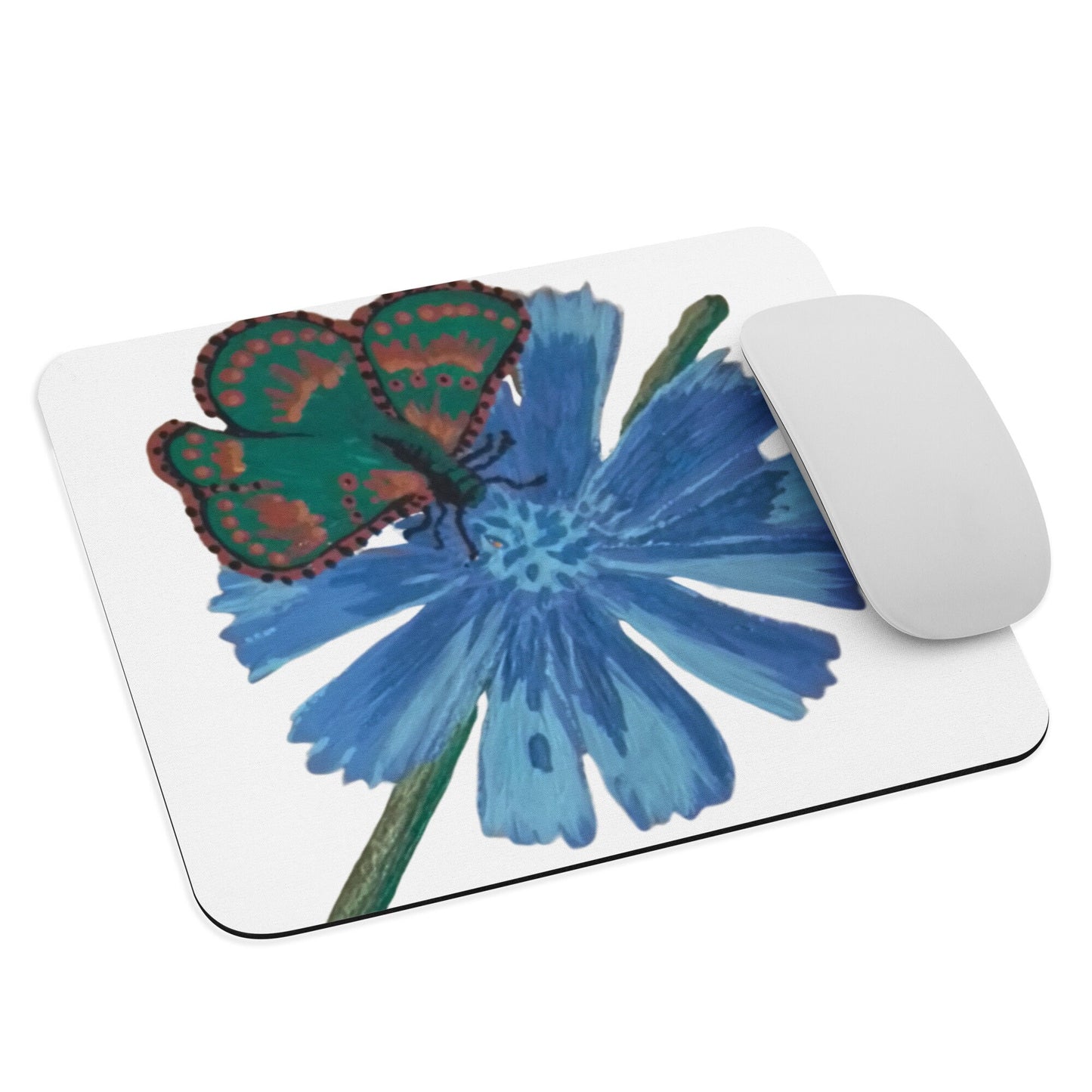 Green Butterfly,Blue Flower Mousepad,aesthetic mousepad,floral mousepad,wildflower mousepad,plant mousepad,girly mousepad