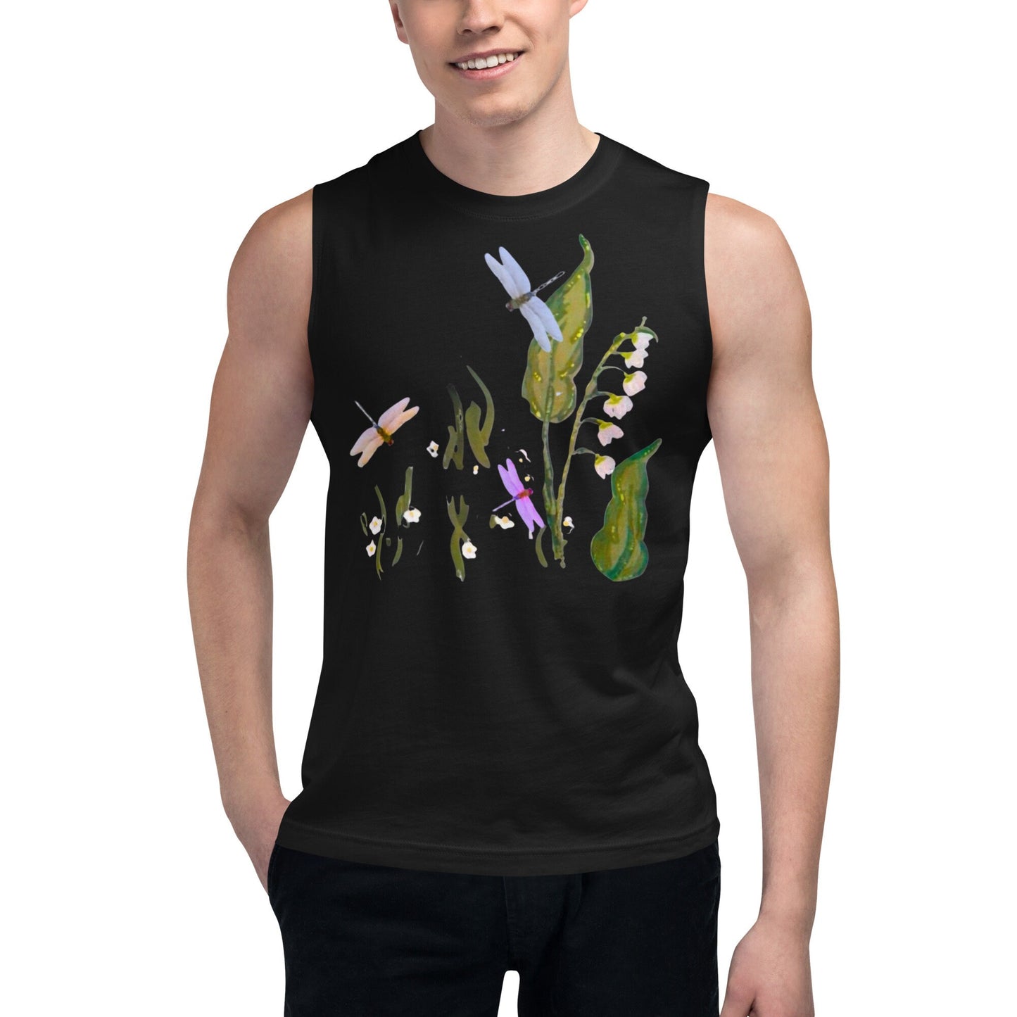 Dragonfly Shirt,wildflower shirt,botanical shirt,painted floral top,black floral top