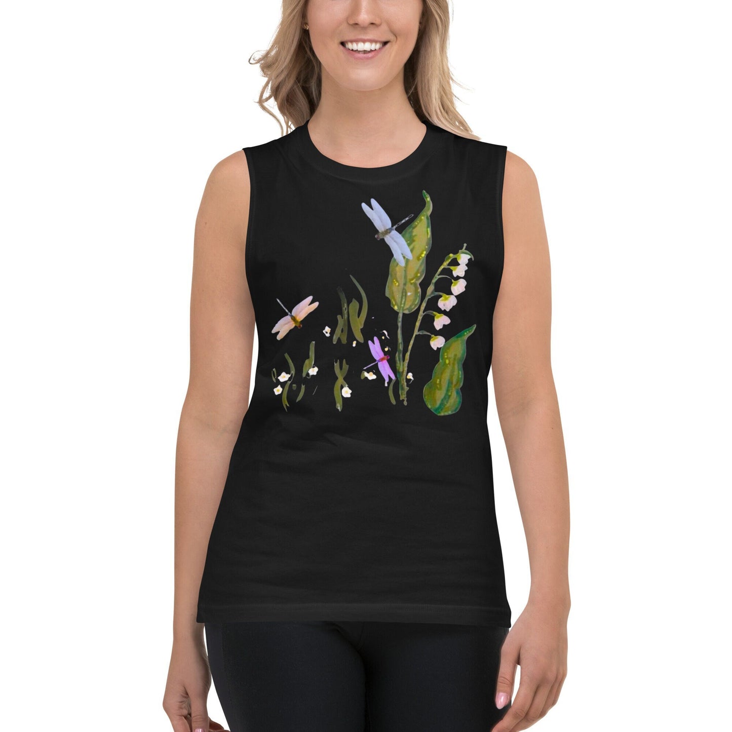 Dragonfly Shirt,wildflower shirt,botanical shirt,painted floral top,black floral top