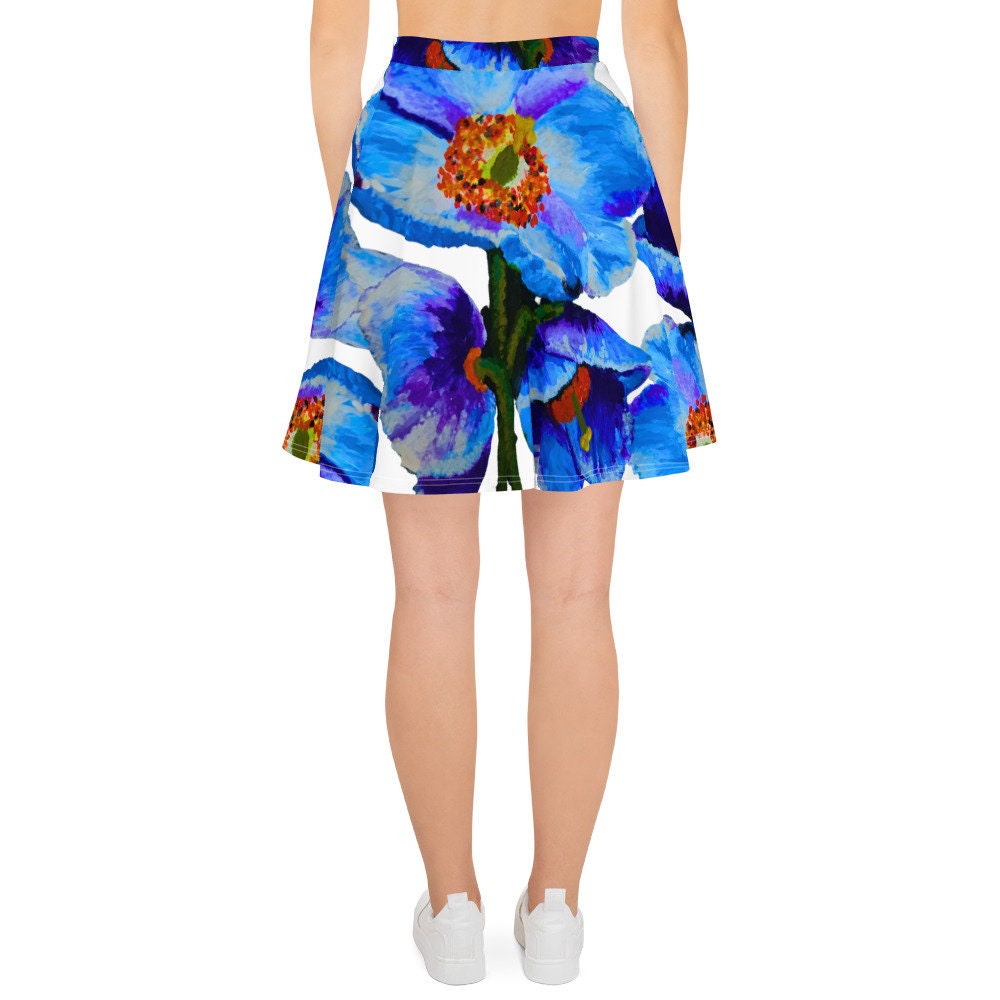Blue Poppies Skirt,elastic waist skirt,office skirt,flared skirt,floral skirt,plus size skirt,flower skirt,colorful skirt