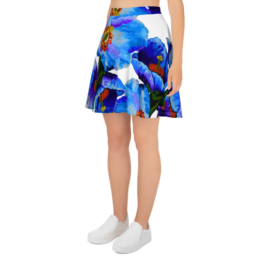 Blue Poppies Skirt,elastic waist skirt,office skirt,flared skirt,floral skirt,plus size skirt,flower skirt,colorful skirt