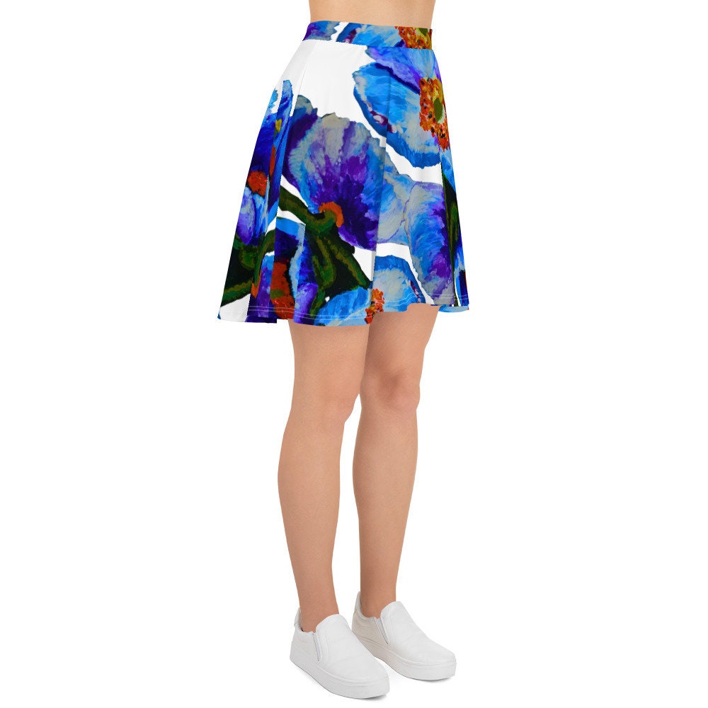 Blue Poppies Skirt,elastic waist skirt,office skirt,flared skirt,floral skirt,plus size skirt,flower skirt,colorful skirt