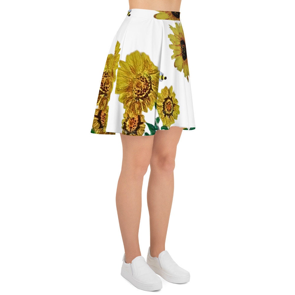 Sunflower Skirt,elastic waist,knee length,floral skirt,pleated skirt,office skirt,plus size,vintage skirt
