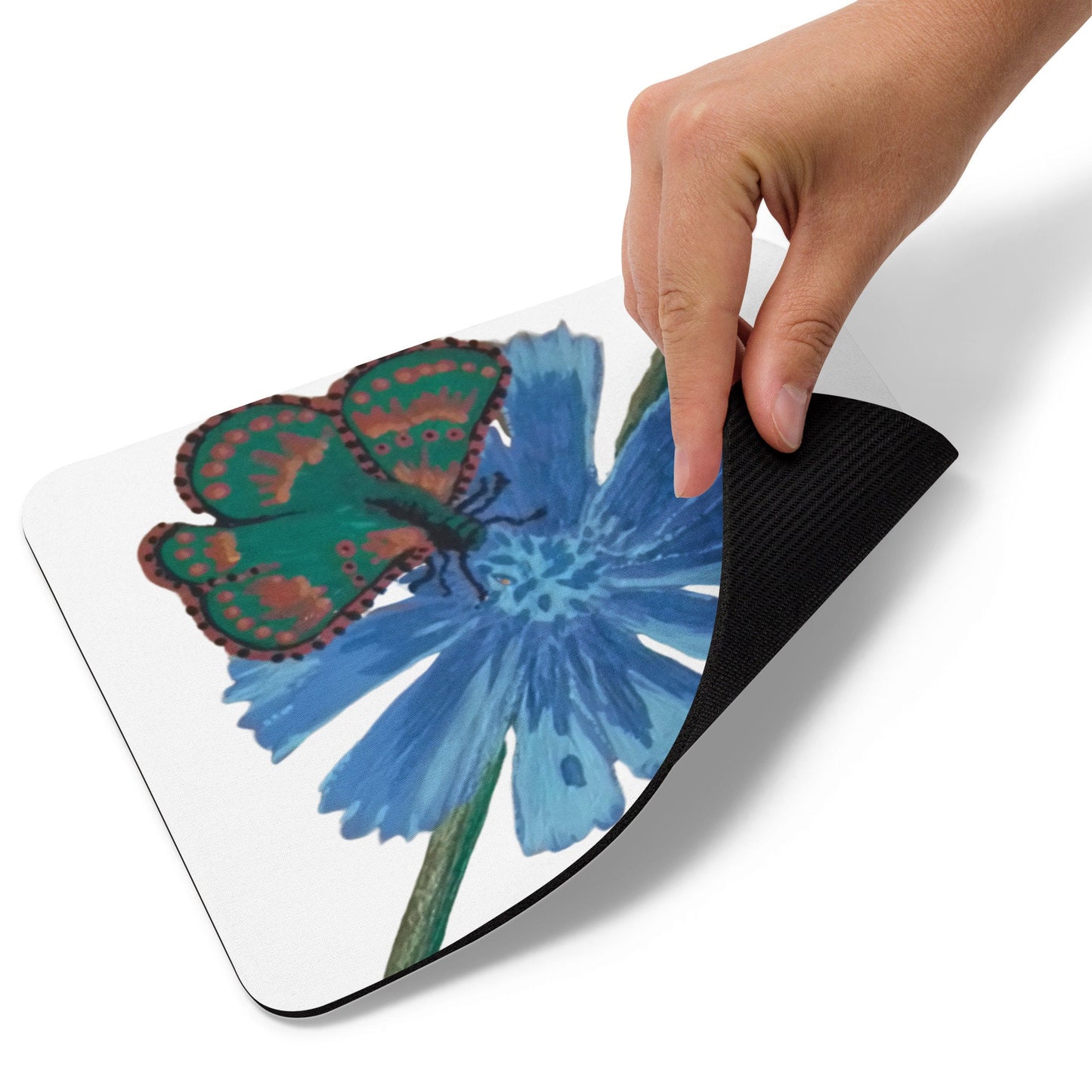 Green Butterfly,Blue Flower Mousepad,aesthetic mousepad,floral mousepad,wildflower mousepad,plant mousepad,girly mousepad