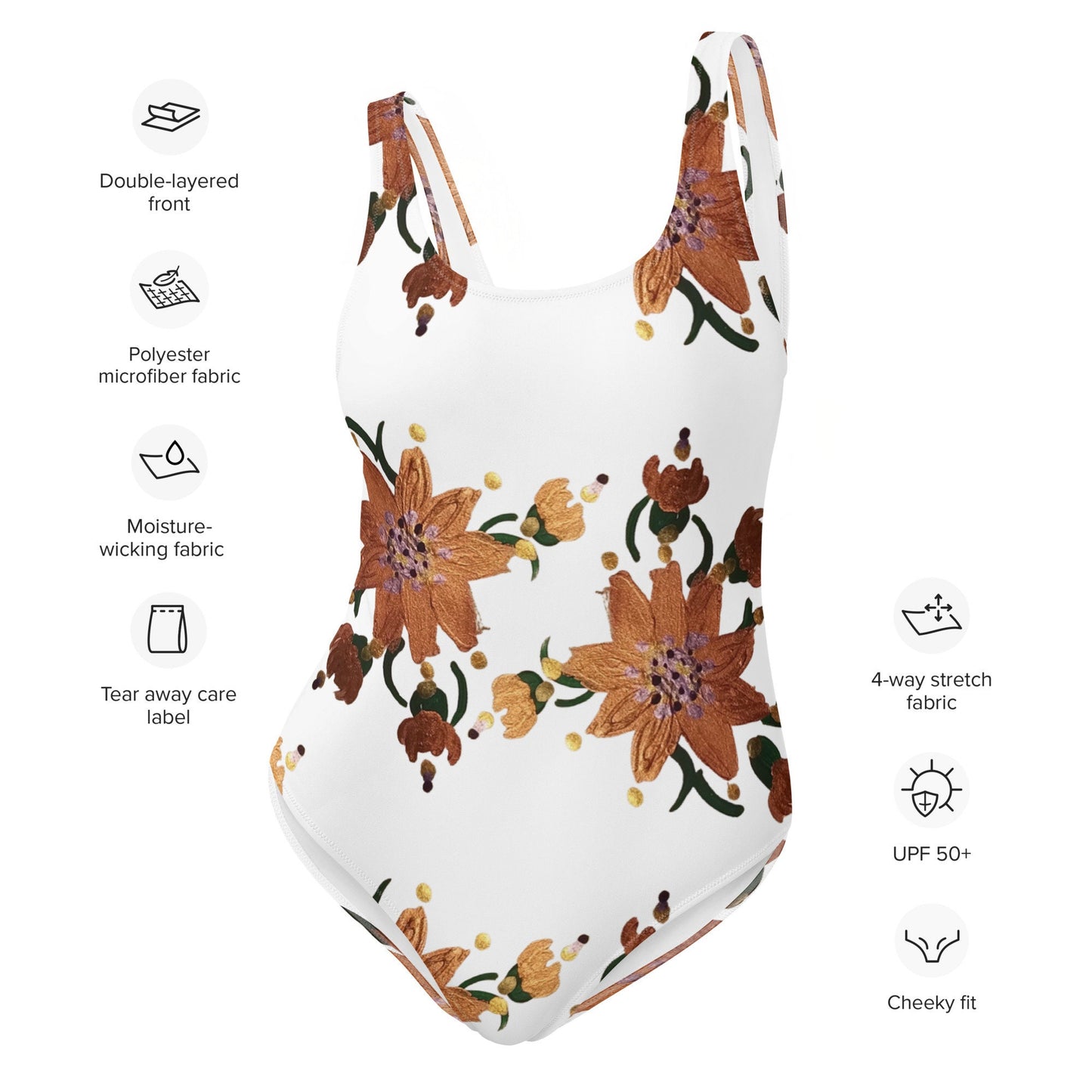 Gold Floral One-Piece Swimsuit, Ladies Retro Swimwear, Festival Bodysuit, Plus Size Beach Swimsuit
