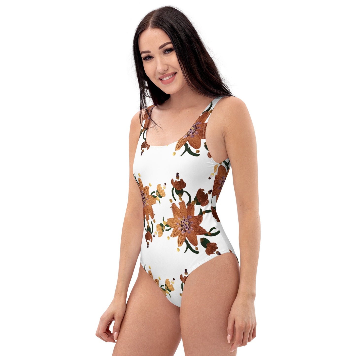 Gold Floral One-Piece Swimsuit, Ladies Retro Swimwear, Festival Bodysuit, Plus Size Beach Swimsuit