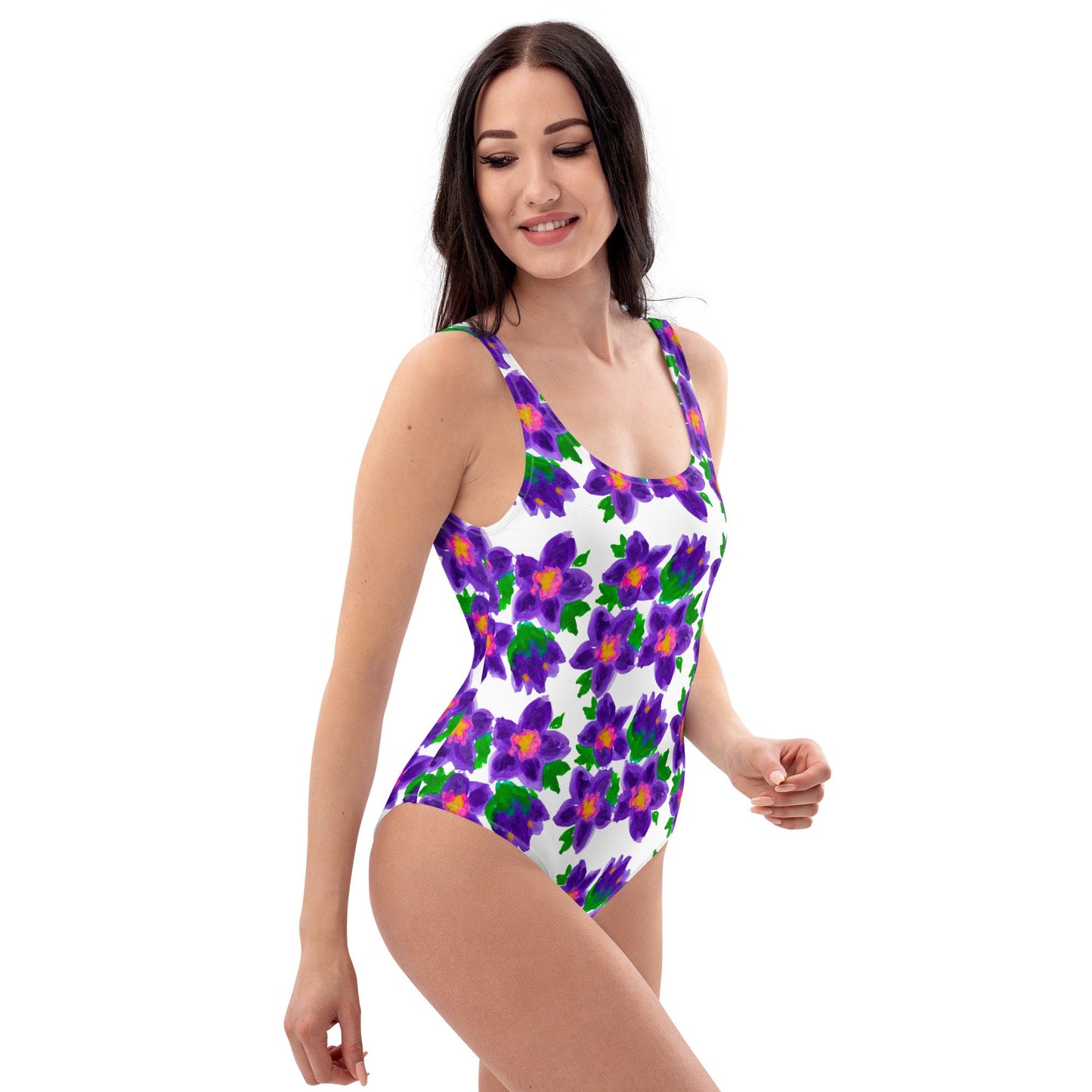 Watercolor Botanical One-Piece Swimsuit, Floral Beach Bathing Suit, Retro Plus Size Festival Bodysuit, Ladies Swimwear