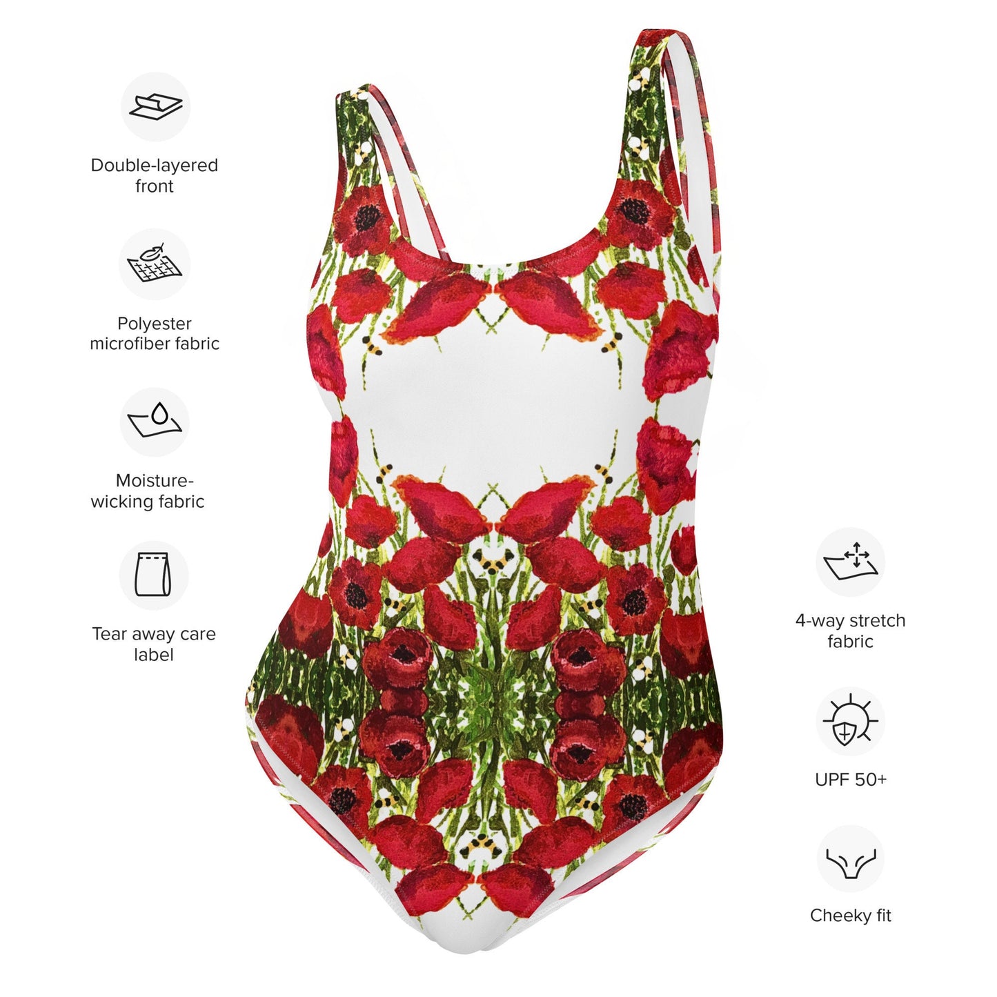 Red Poppies Floral One-Piece Swimsuit, Botanical Beach Swimwear, Festival Plus Size Bodysuit, Retro Bathing Suit