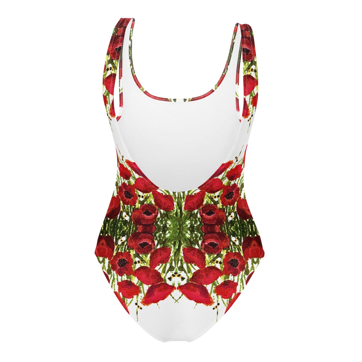 Red Poppies Floral One-Piece Swimsuit, Botanical Beach Swimwear, Festival Plus Size Bodysuit, Retro Bathing Suit