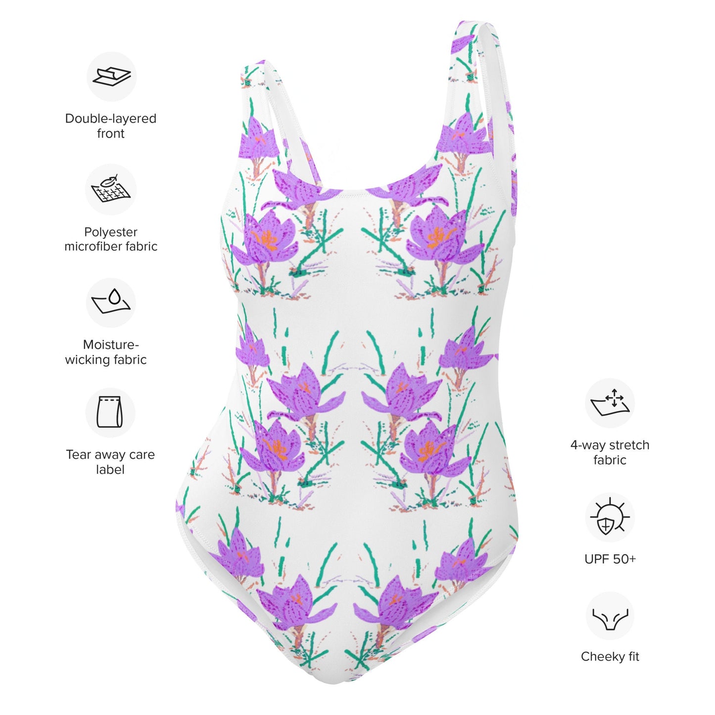 Crocus Flower Botanical One-Piece Swimsuit, Vintage Beach Bathing Suit, Colorful Festival Bodysuit, Plus Size Ladies Swimwear