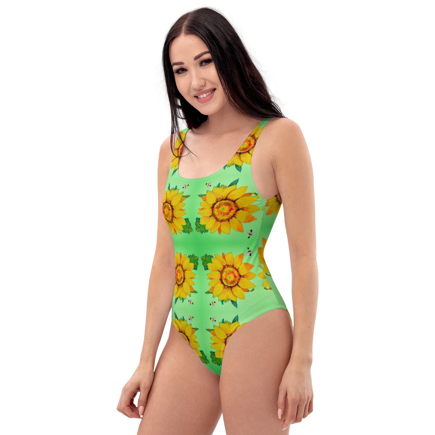 Sunflower Pattern One-Piece Swimsuit, Floral Beach Retro Swimwear, Festival Rave Plus Size Bathing Suit
