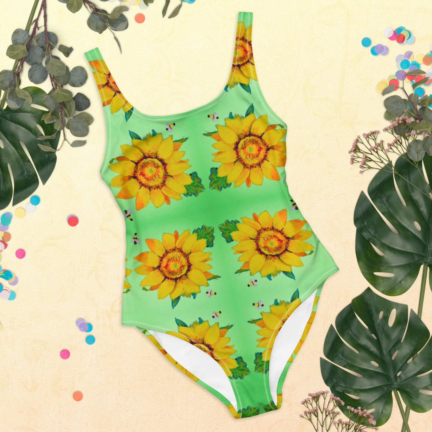 Sunflower Pattern One-Piece Swimsuit, Floral Beach Retro Swimwear, Festival Rave Plus Size Bathing Suit