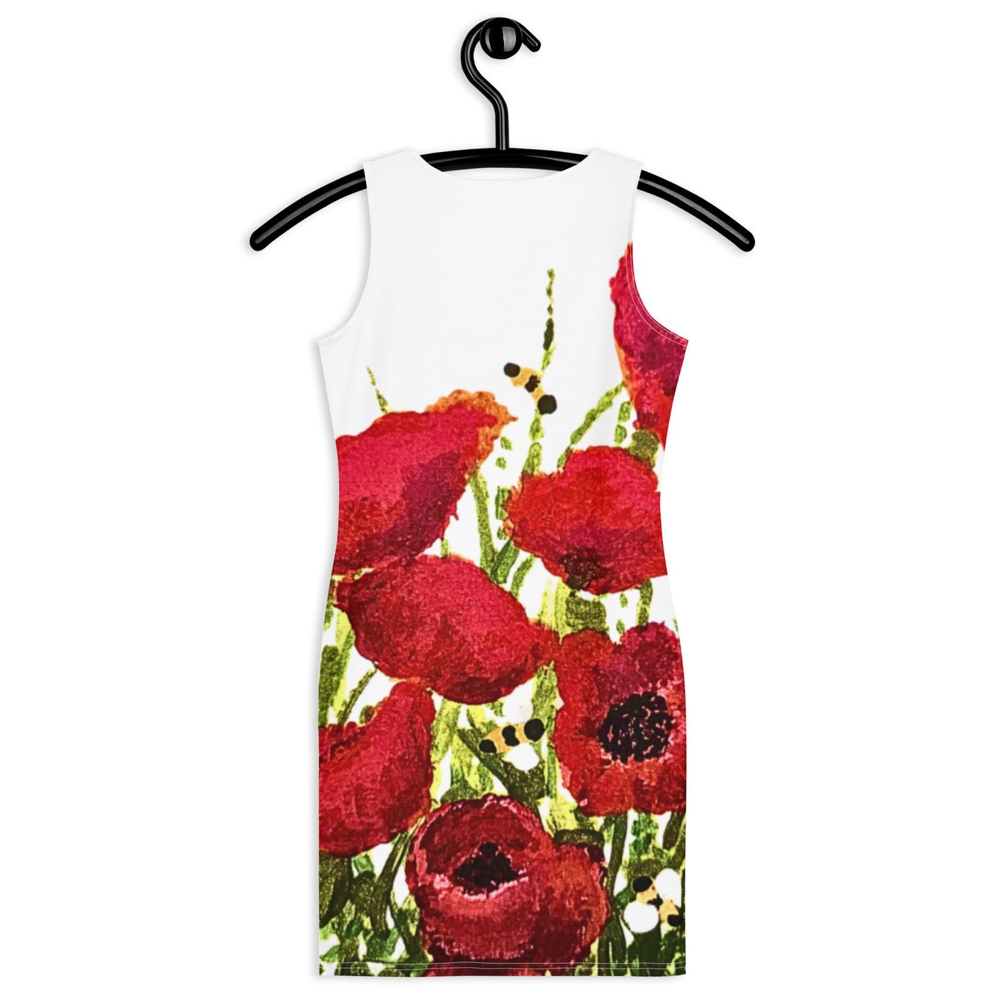 Red Poppy Floral Bodycon Dress, Womens Casual Spring Outfit, Sleeveless Secretary Dress