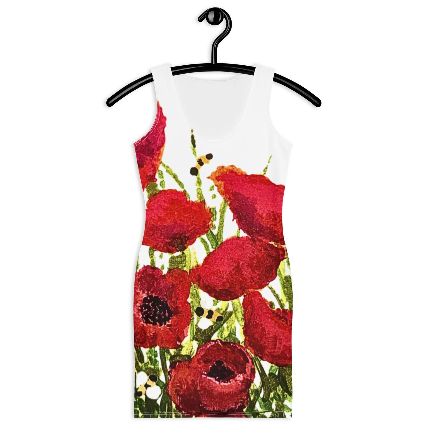 Red Poppy Floral Bodycon Dress, Womens Casual Spring Outfit, Sleeveless Secretary Dress