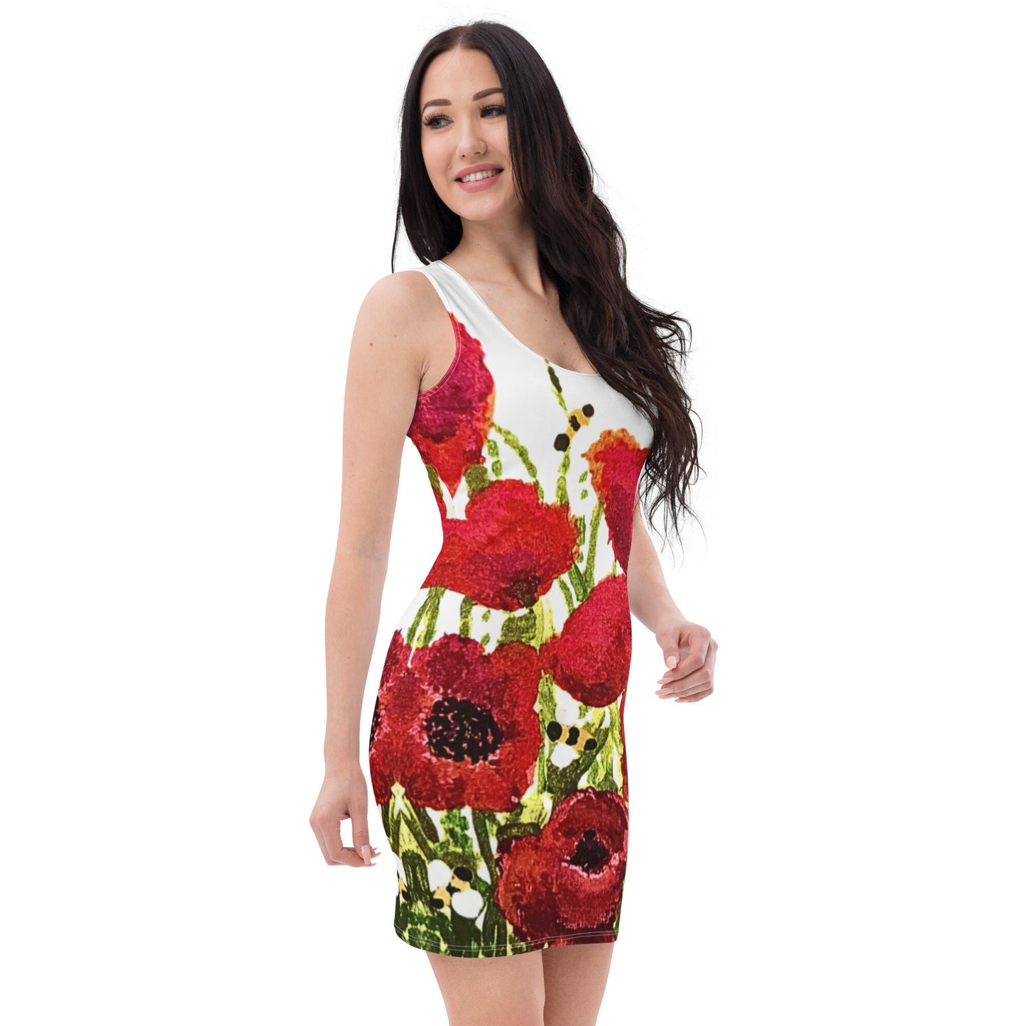 Red Poppy Floral Bodycon Dress, Womens Casual Spring Outfit, Sleeveless Secretary Dress