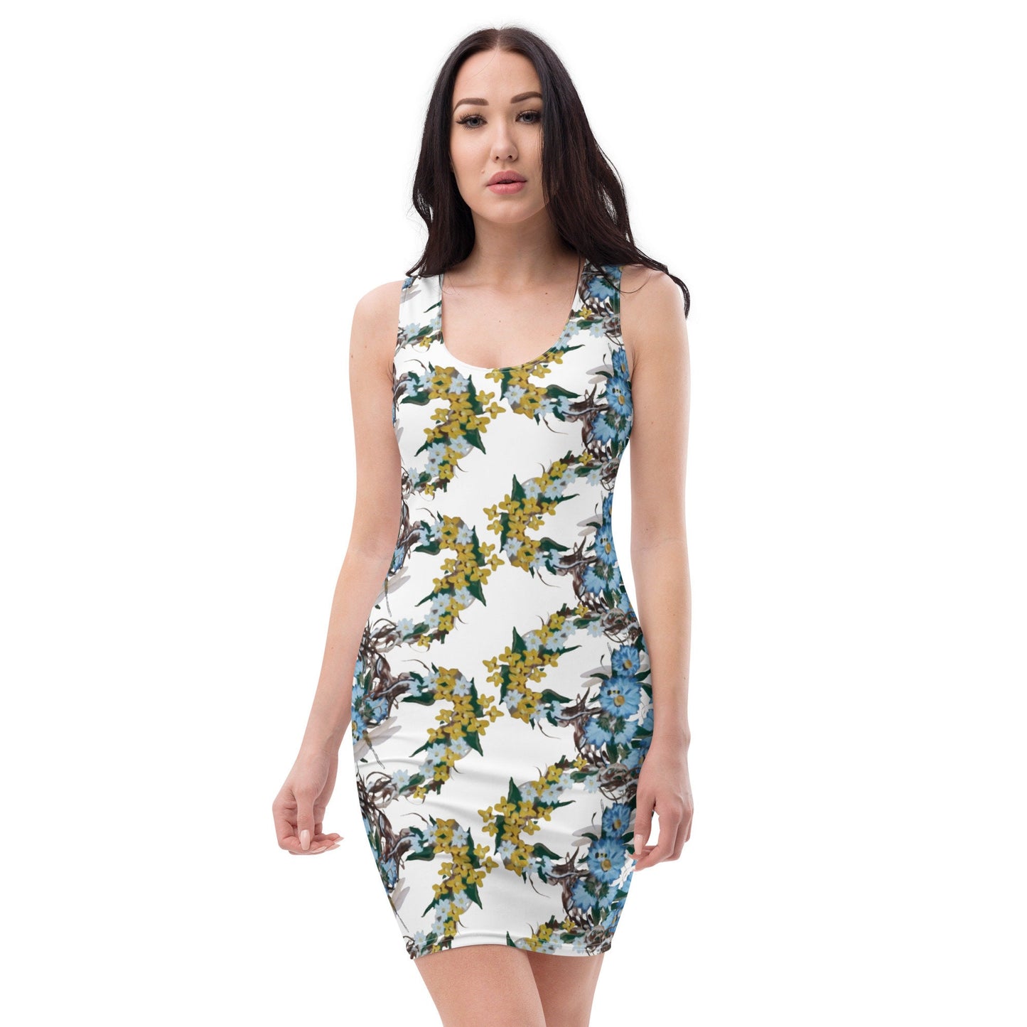 Yellow and Blue Floral Bodycon Dress, Botanical Spring Outfit, Casual Sleeveless Secretary Dress, Tight Club Dress