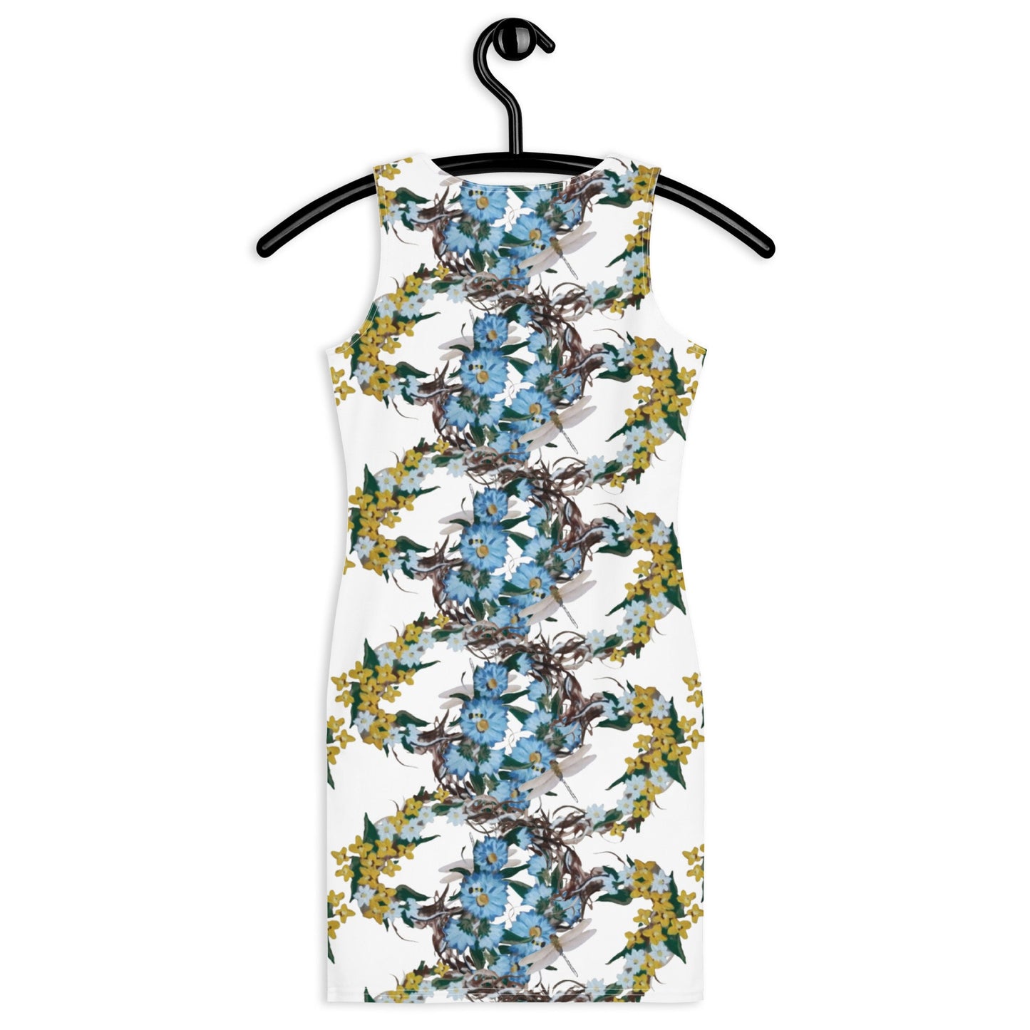 Yellow and Blue Floral Bodycon Dress, Botanical Spring Outfit, Casual Sleeveless Secretary Dress, Tight Club Dress