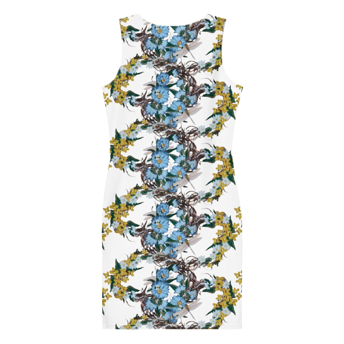 Yellow and Blue Floral Bodycon Dress, Botanical Spring Outfit, Casual Sleeveless Secretary Dress, Tight Club Dress