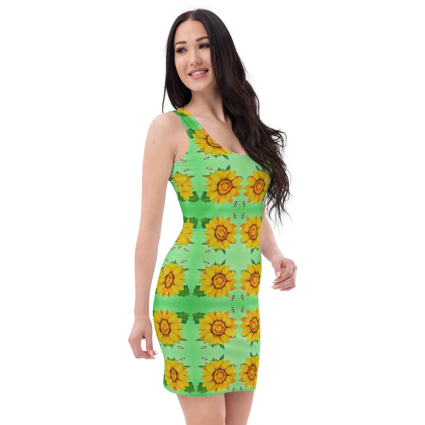 Sunflower Bodycon Dress, Casual Spring Secretary Outfit, Sleeveless Floral Pattern Dress