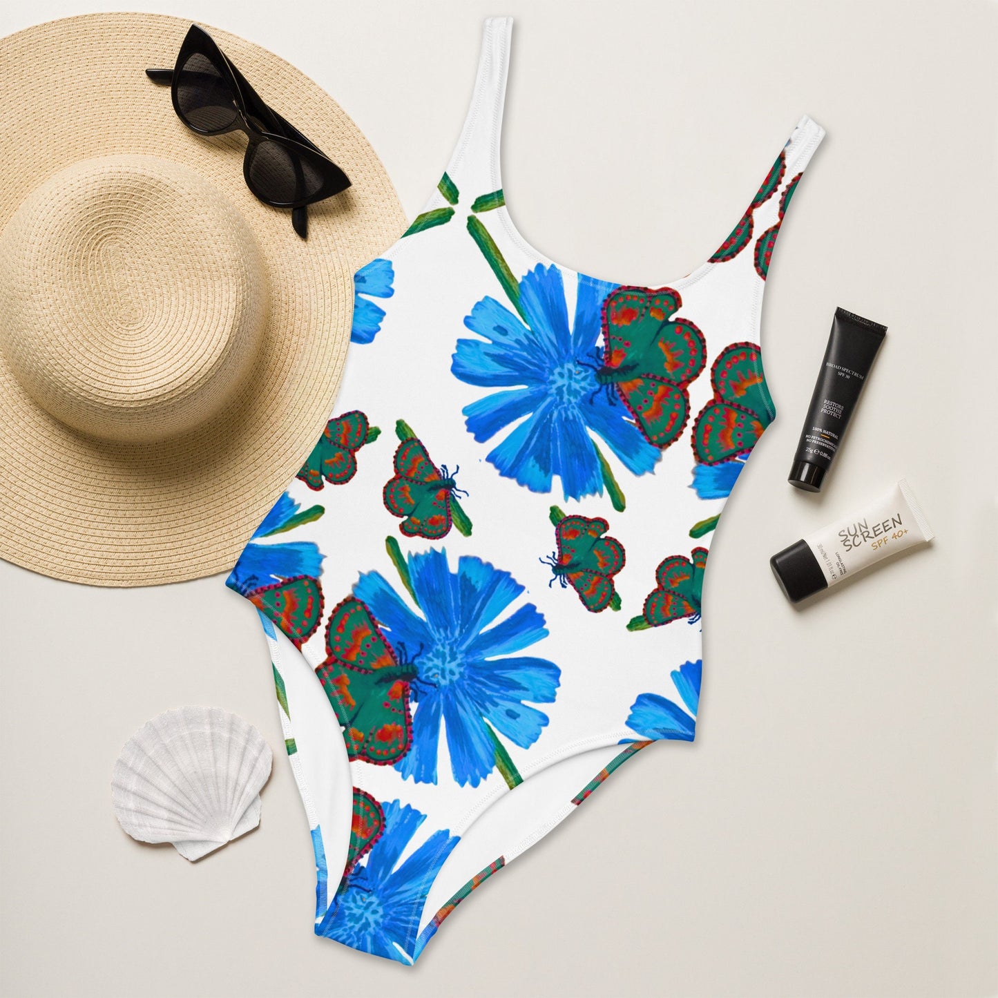 Butterfly Floral One-Piece Swimsuit, Ladies Beach Swimwear, Retro Plus Size Bathing Suit, Botanical Festival Clothing