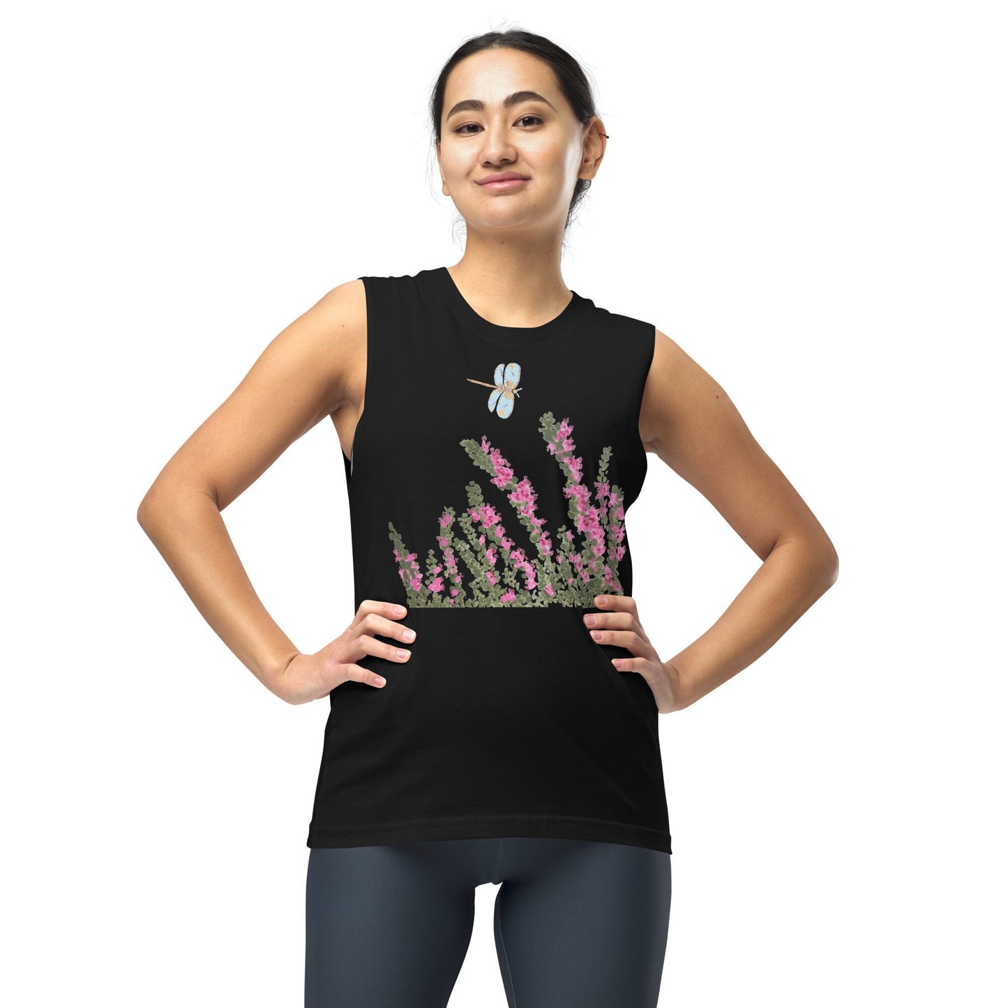 Heather Floral Tank Top, Painted Wildflowers Shirt, Botanical Spring T-shirt, Trendy Pink Floral Tshirt, Gift for Dragonfly Lovers