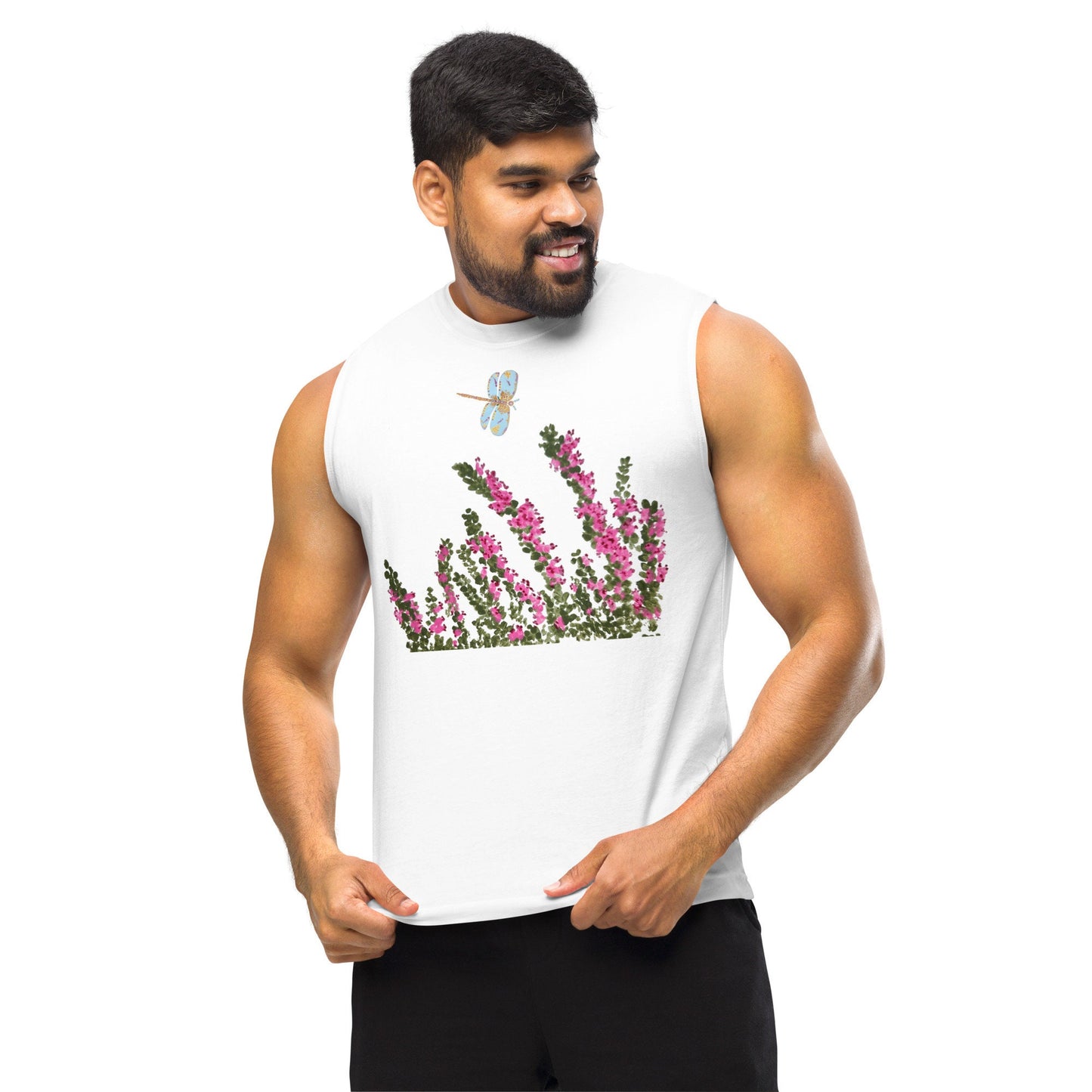 Heather Floral Tank Top, Painted Wildflowers Shirt, Botanical Spring T-shirt, Trendy Pink Floral Tshirt, Gift for Dragonfly Lovers
