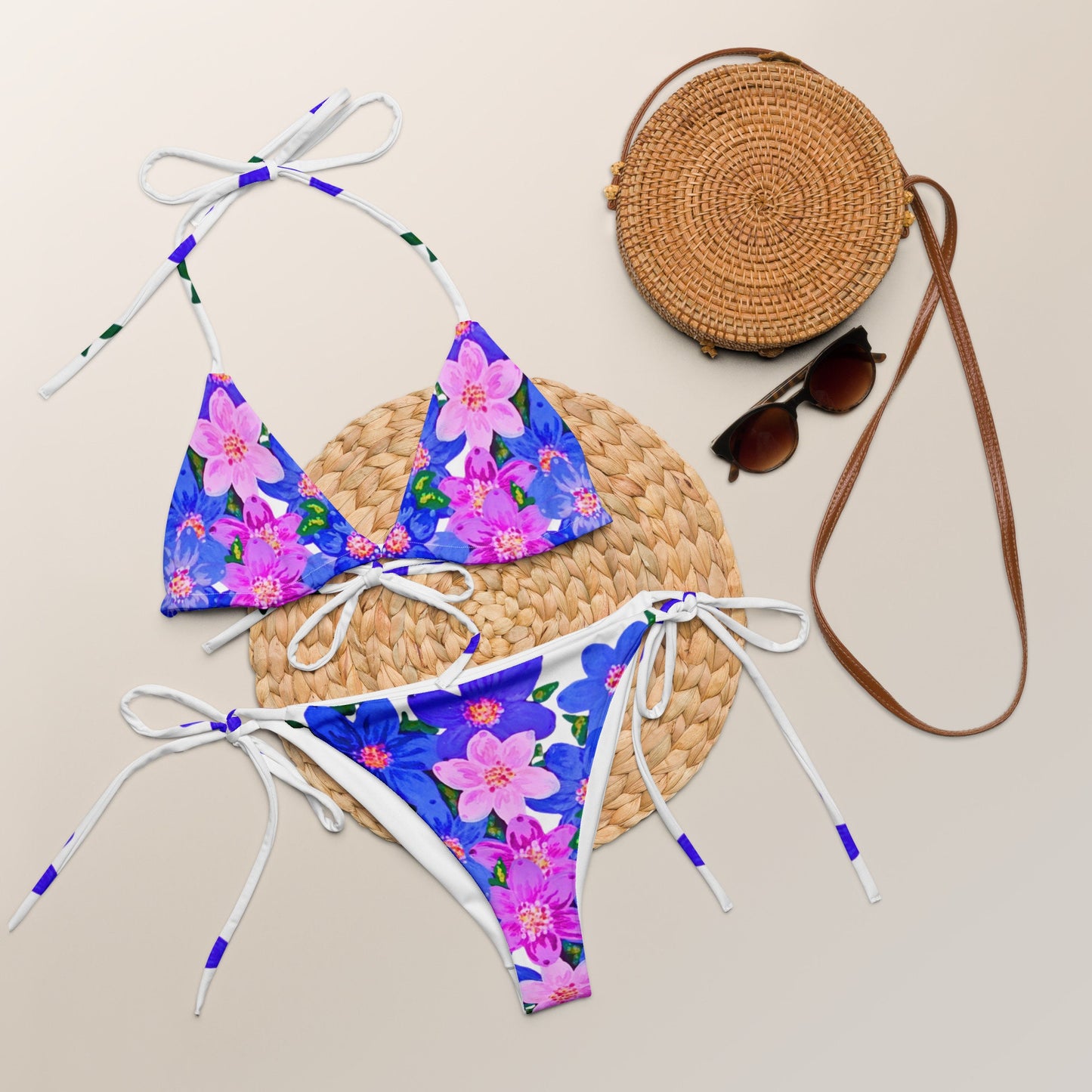 Sexy Floral Blue String Bikini, Plus Size Swimwear, Botanical Two Piece Swimsuit, Ladies Beach Bikini