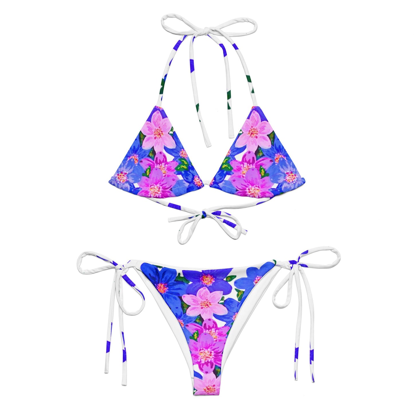 Sexy Floral Blue String Bikini, Plus Size Swimwear, Botanical Two Piece Swimsuit, Ladies Beach Bikini