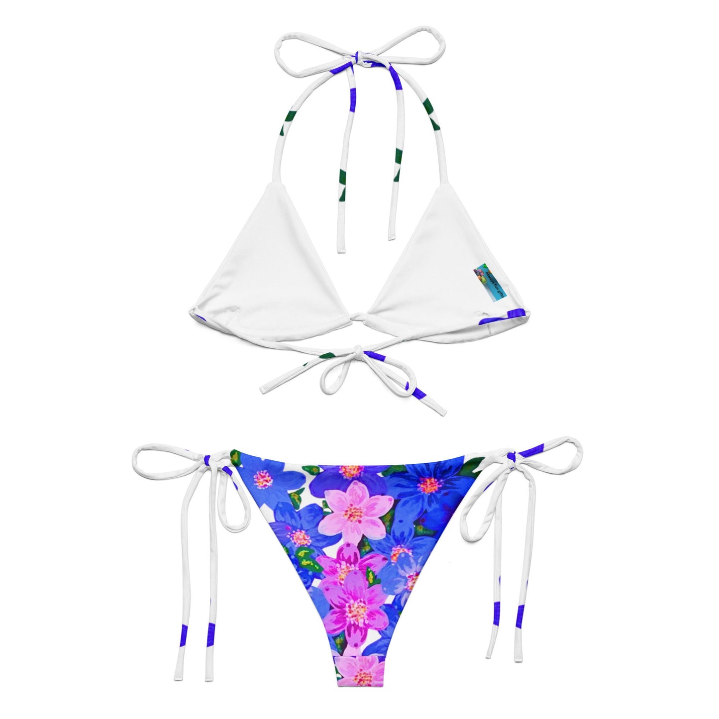 Sexy Floral Blue String Bikini, Plus Size Swimwear, Botanical Two Piece Swimsuit, Ladies Beach Bikini