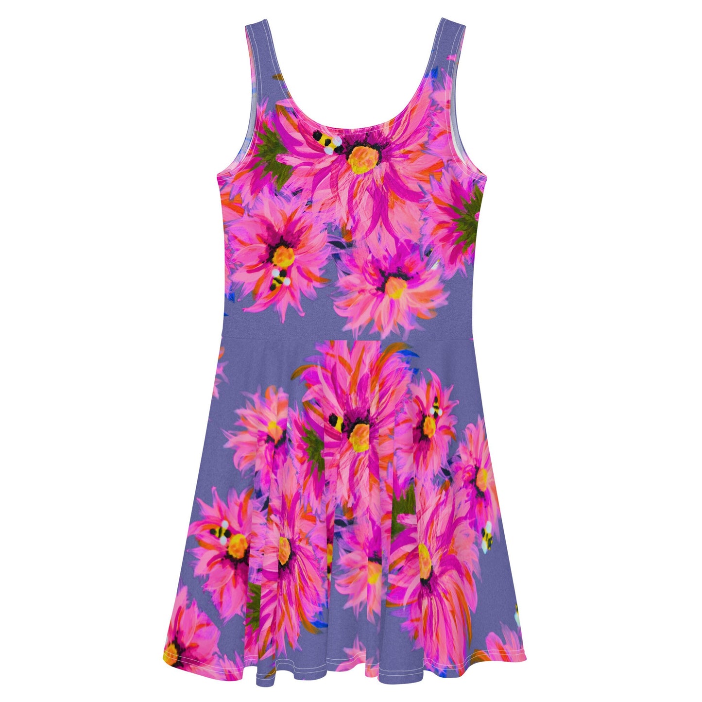 Fluffy Pink on Gray Floral Sleeveless Skater Dress, Casual Spring Outfits, Botanical Secretary Dress